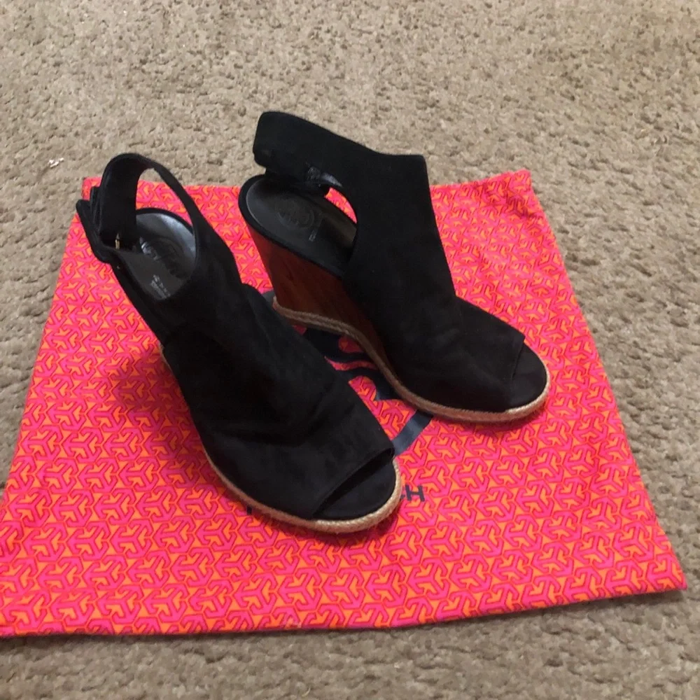 Tory Burch Black Suede Peep-Toe Wedge Sandals with Wood-Tone Heel Size 7